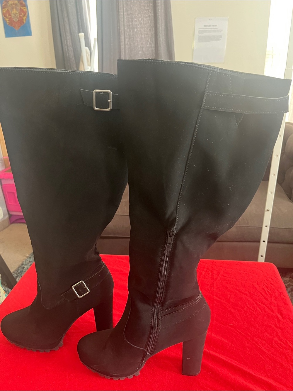 Women's Black Over-the-Knee Buckle Block Heel Boots